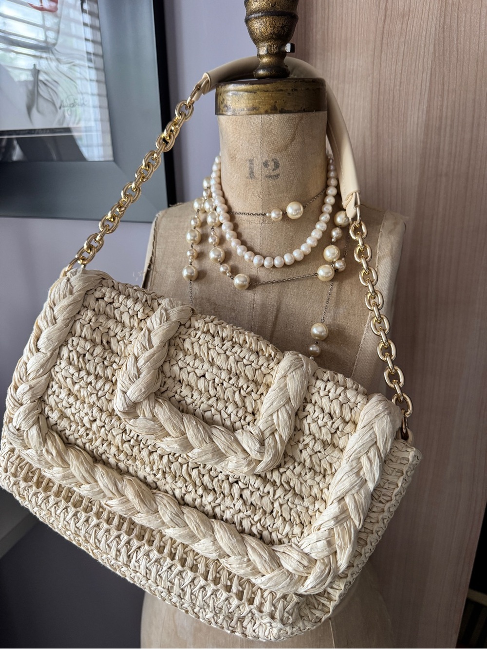 Madison West Raffia Woven Shoulder Bag Chain Strap Coastal Resort